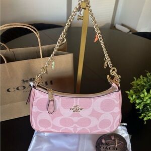 COACH Pink Signature Canvas Shoulder Bag with Gold Chain Strap